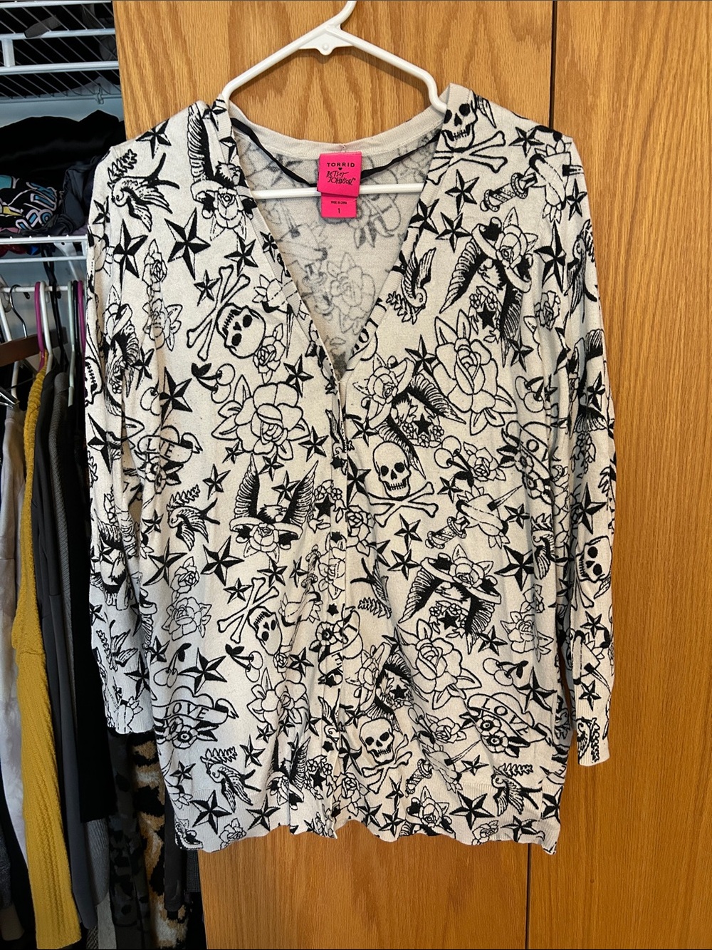 torrid betsey Johnson White and Black Tattoo-Print V-Neck Cardigan 1X